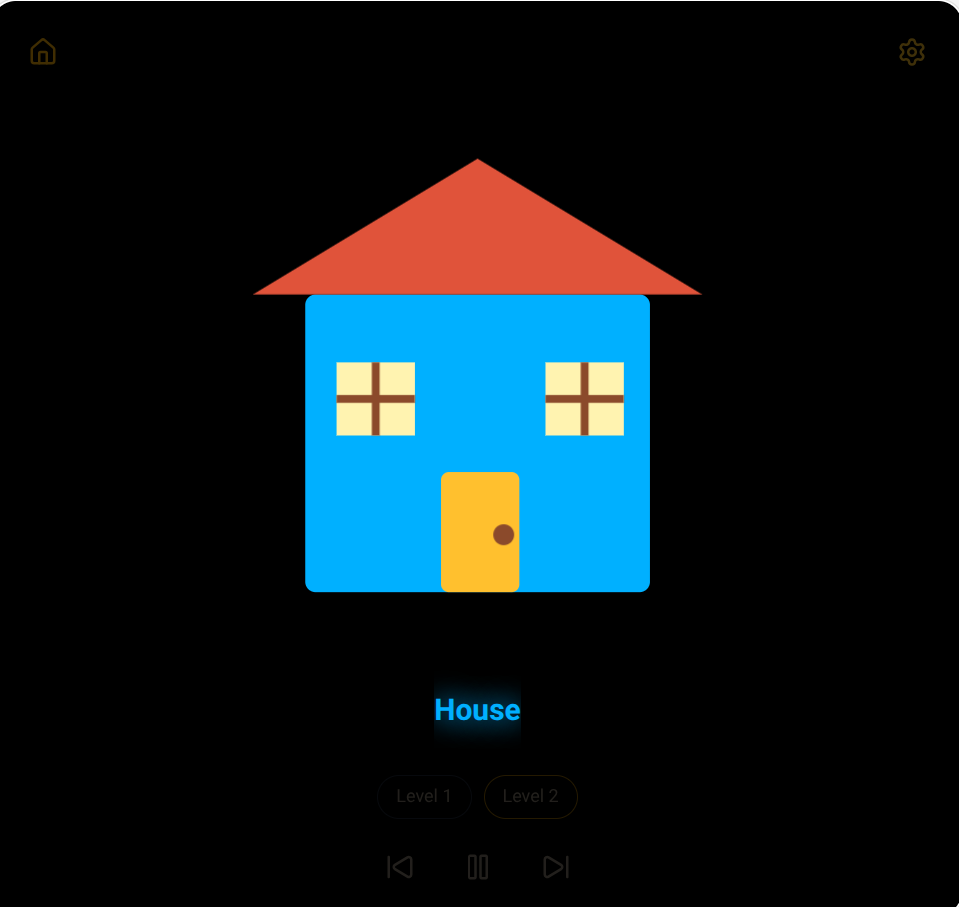 The blue square dressed as a house, with a red roof, yellow door and two windows, on a black background.