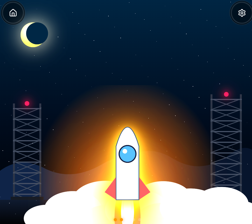 Orange and yellow flames glow beneath the rocket as white clouds of smoke gather around the launchpad.