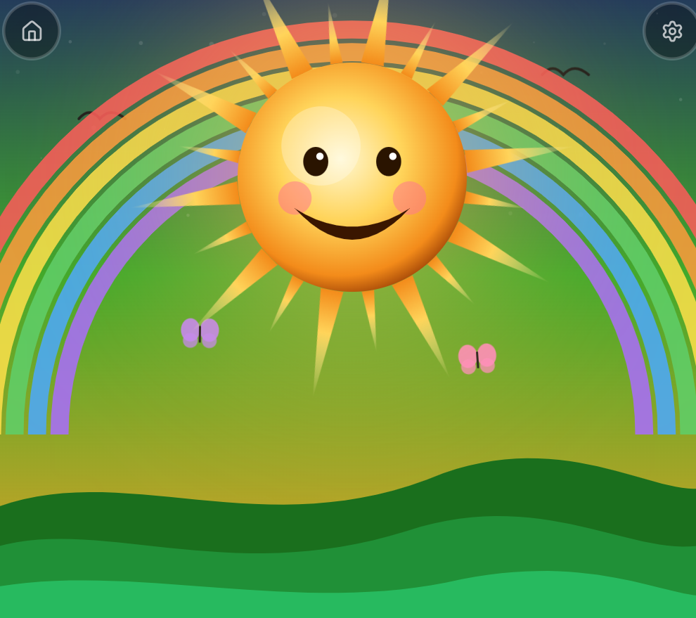 The completed scene: a smiling cartoon sun with rosy cheeks in front of a rainbow, with green hills, butterflies, and birds.