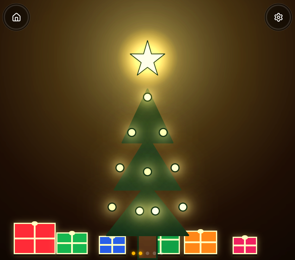 A dark green tree with a glowing star and lights, with colorful presents gathered beneath it.