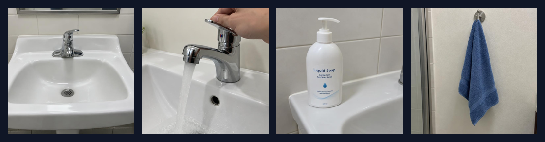 Wash Hands step strip: a sink, a hand turning on the faucet, a soap bottle, and a towel on a hook.