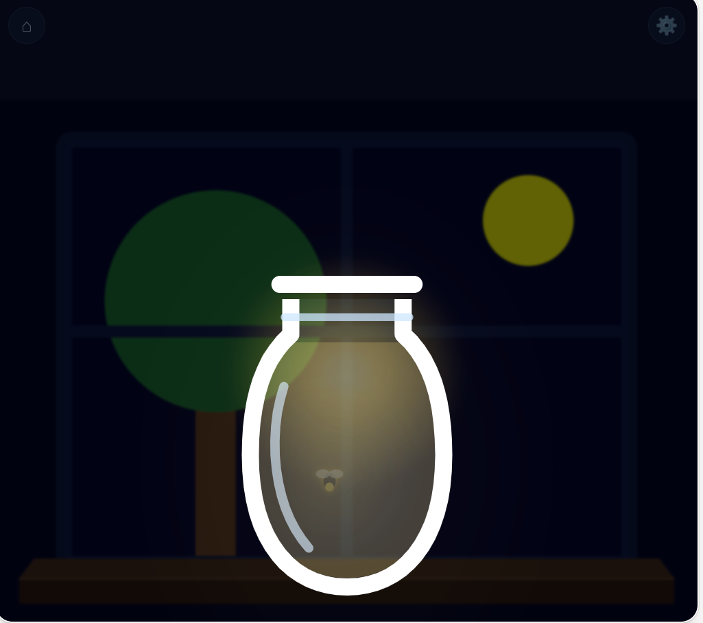 A glass jar with a softly glowing firefly in front of a dark window.