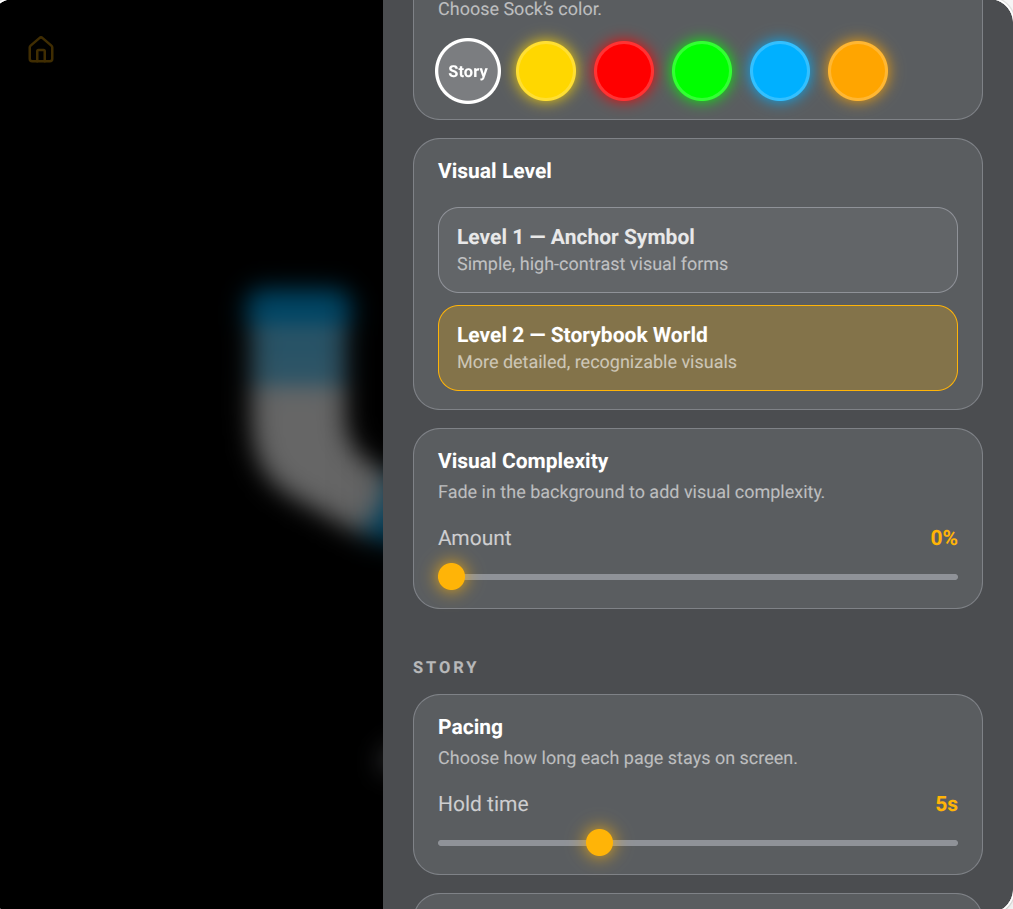 Settings panel with sock colour choices, a visual complexity slider and a pacing hold-time slider.