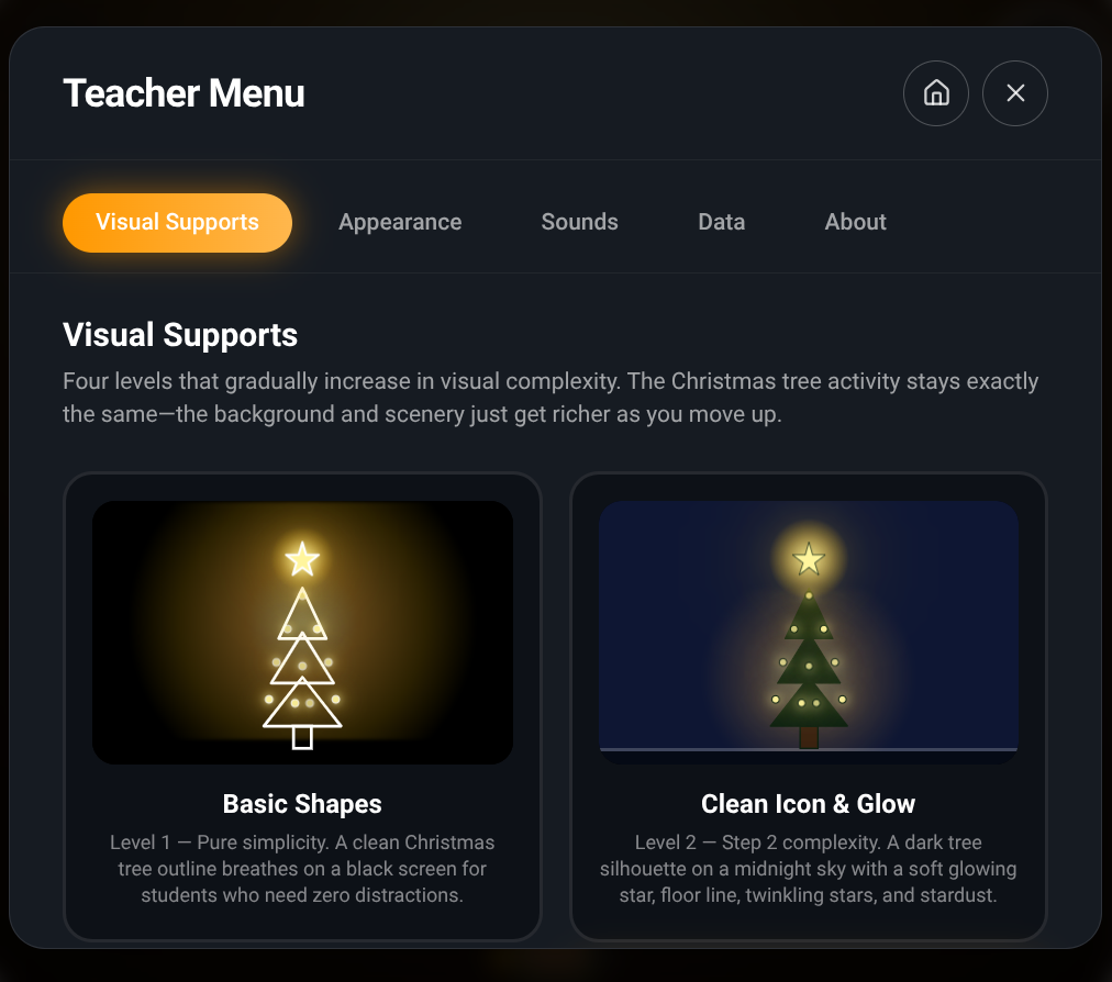 Christmas Tree Lights Teacher Menu, Visual Supports tab: Basic Shapes (glowing white tree outline on black) and Clean Icon & Glow (dark tree with a glowing star on a midnight sky).