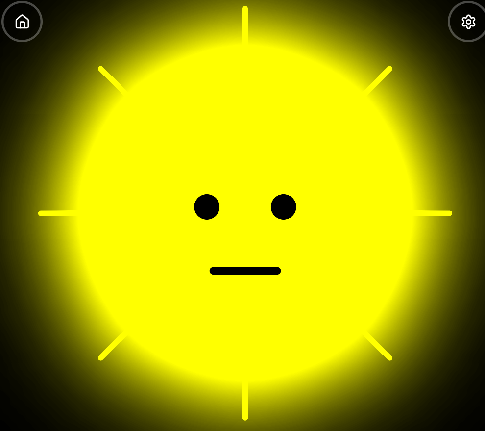 The yellow sun opens its round black eyes; short rays and a soft glow appear around it.
