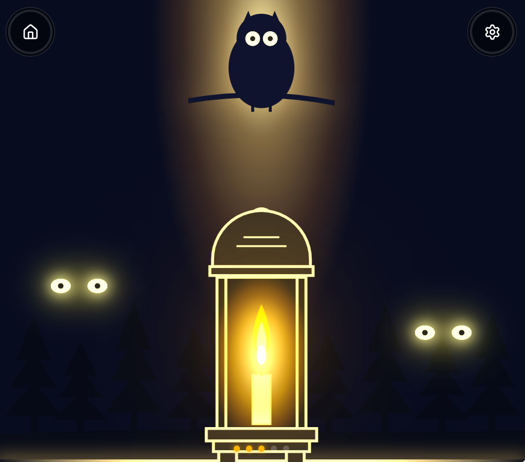 The lantern is lit with a bright yellow flame; its light reveals an owl on a branch while glowing eyes still peek from the trees.