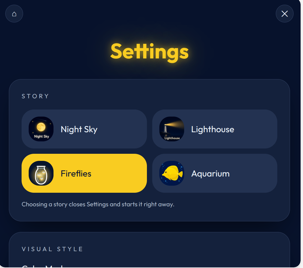 Volume 1 story choices: Night Sky, Lighthouse, Fireflies and Aquarium.