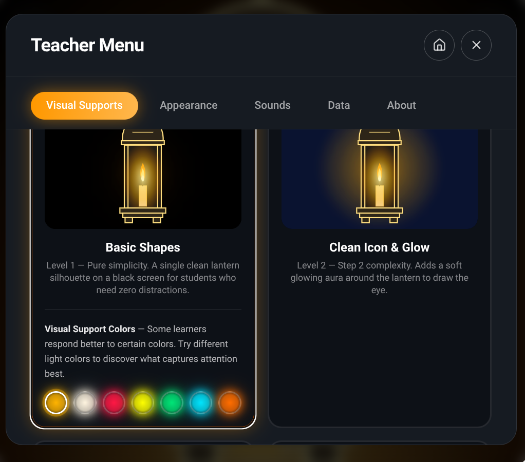 Lantern Lights Teacher Menu, Visual Supports tab: Basic Shapes (lantern on black) and Clean Icon & Glow (lantern with soft glow on navy), with a row of visual support color choices.