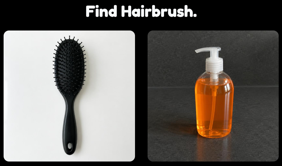 Find Hairbrush. with two choices: a black hairbrush and a bottle of orange soap.