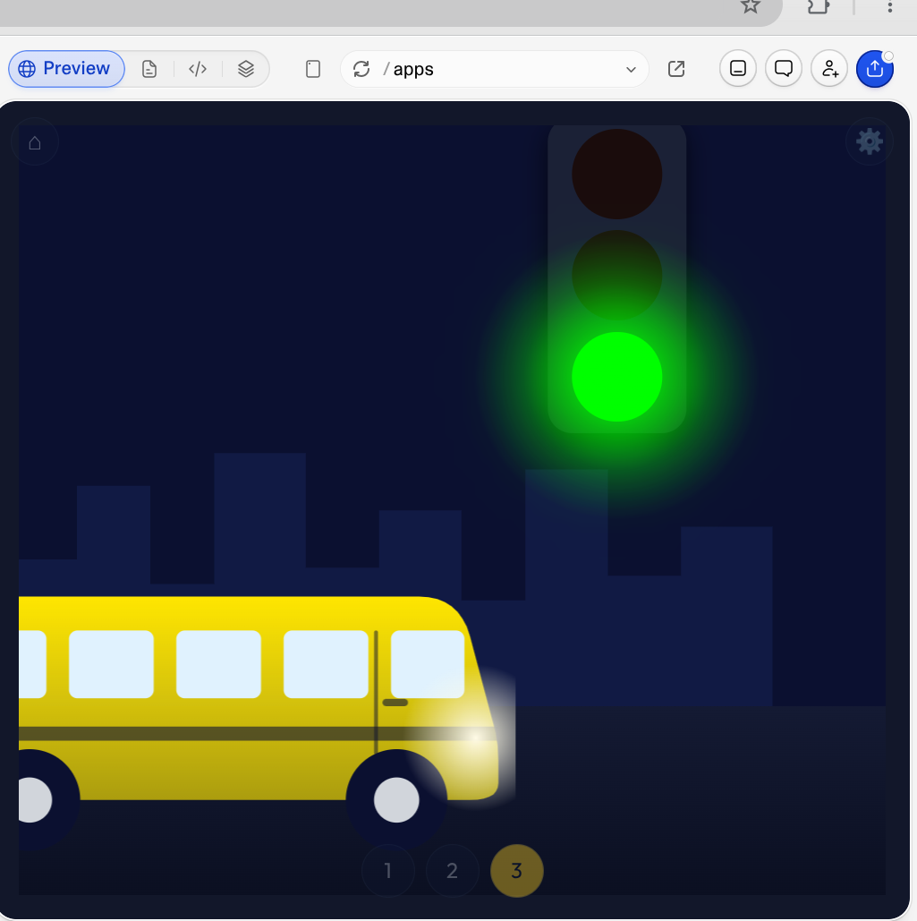 Traffic light glowing green as a yellow school bus drives past a dark city skyline.
