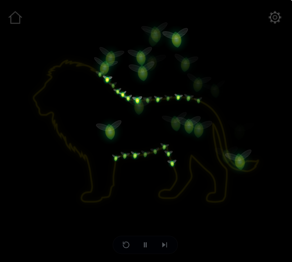 Glowing fireflies beginning to gather around a faint, hidden lion outline on black.
