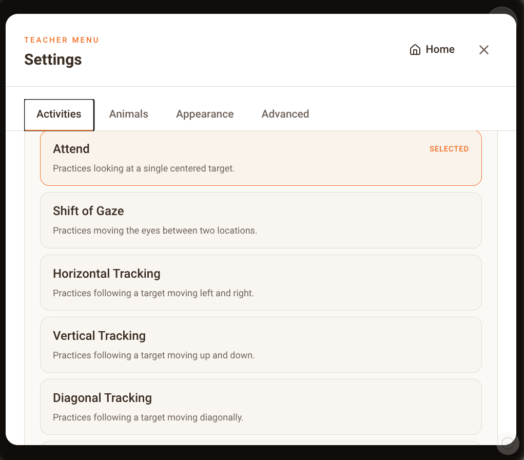 Teacher Menu Activities tab listing Attend, Shift of Gaze, and Horizontal, Vertical and Diagonal Tracking.