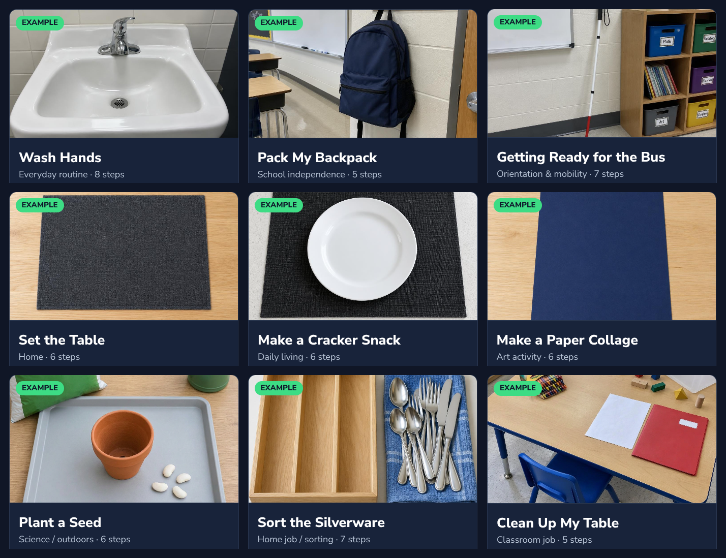 Show Me example tasks: Wash Hands, Pack My Backpack, Getting Ready for the Bus, Set the Table, Make a Cracker Snack, Make a Paper Collage, Plant a Seed, Sort the Silverware and Clean Up My Table.