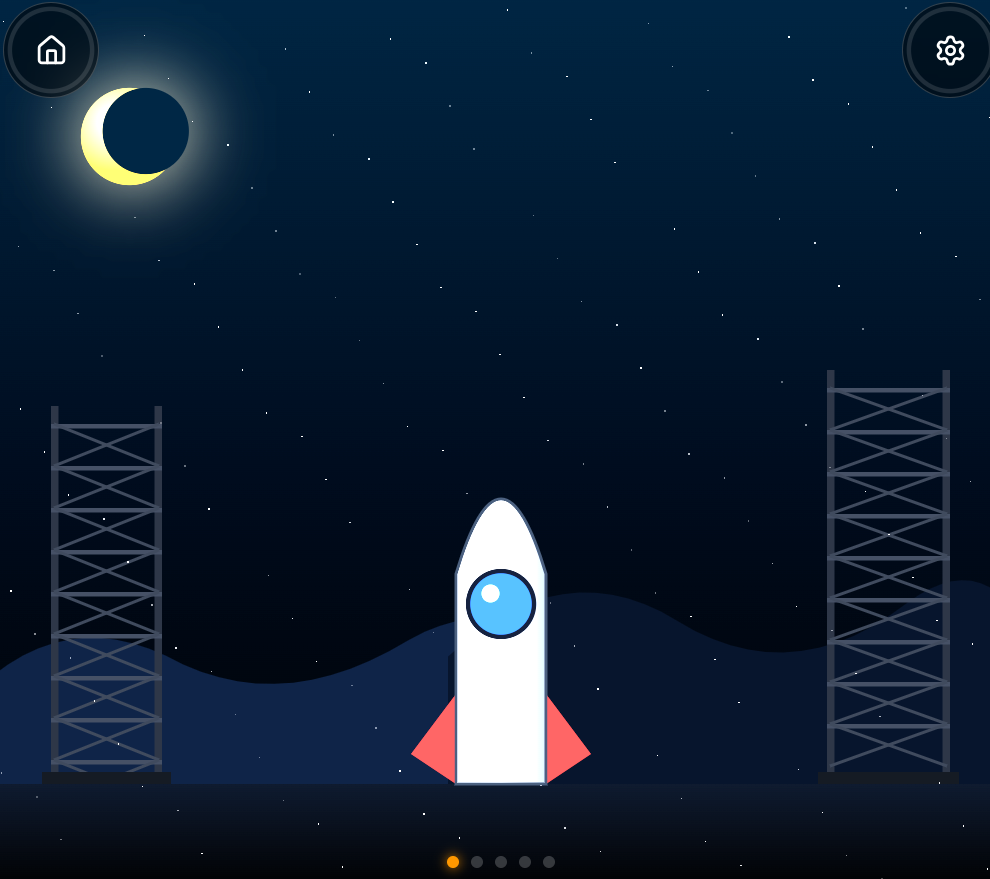 A white cartoon rocket with a blue window waits between two launch towers beneath a starry night sky and a crescent moon.