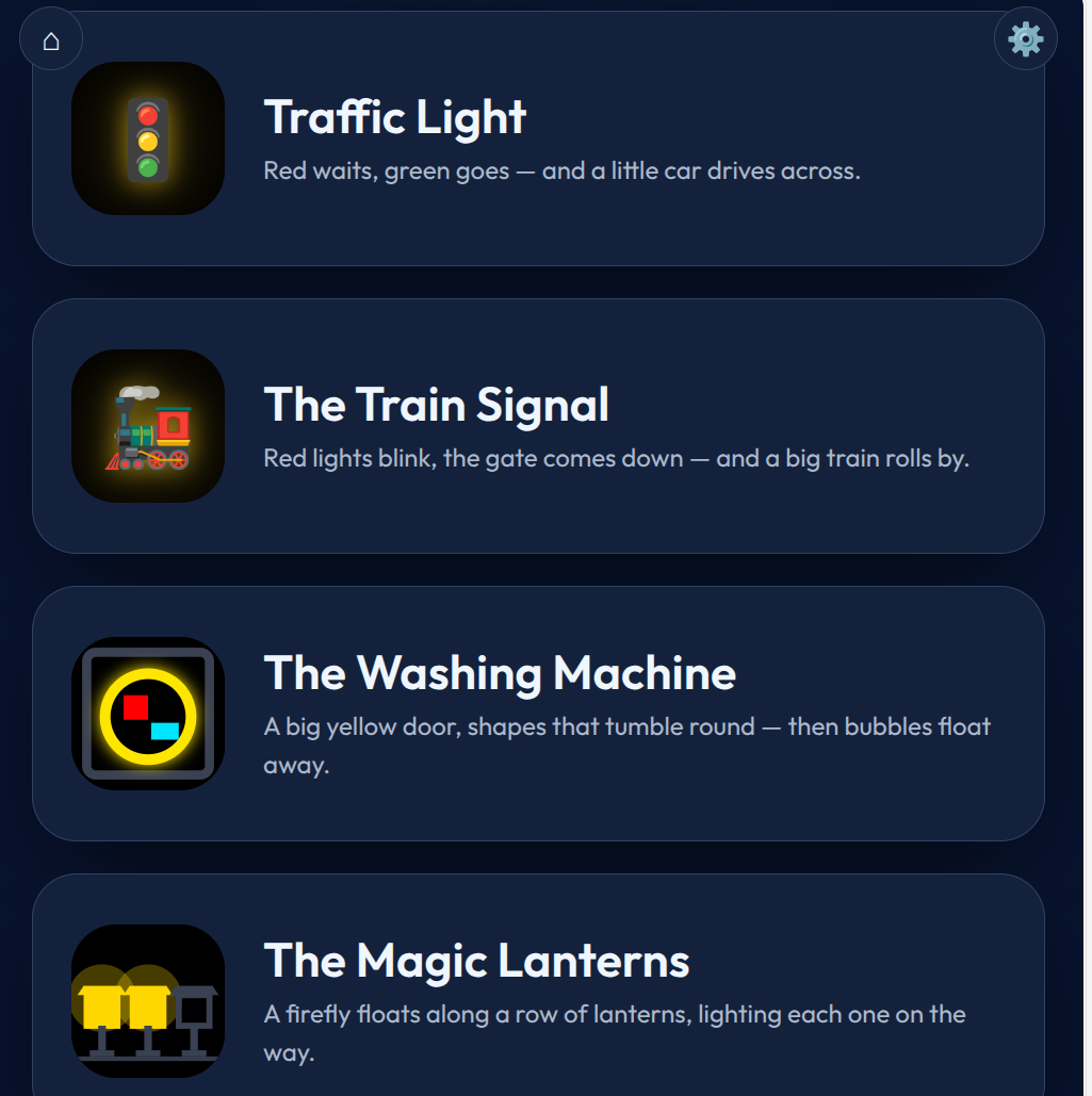 Volume 2 story menu listing Traffic Light, The Train Signal, The Washing Machine and The Magic Lanterns.