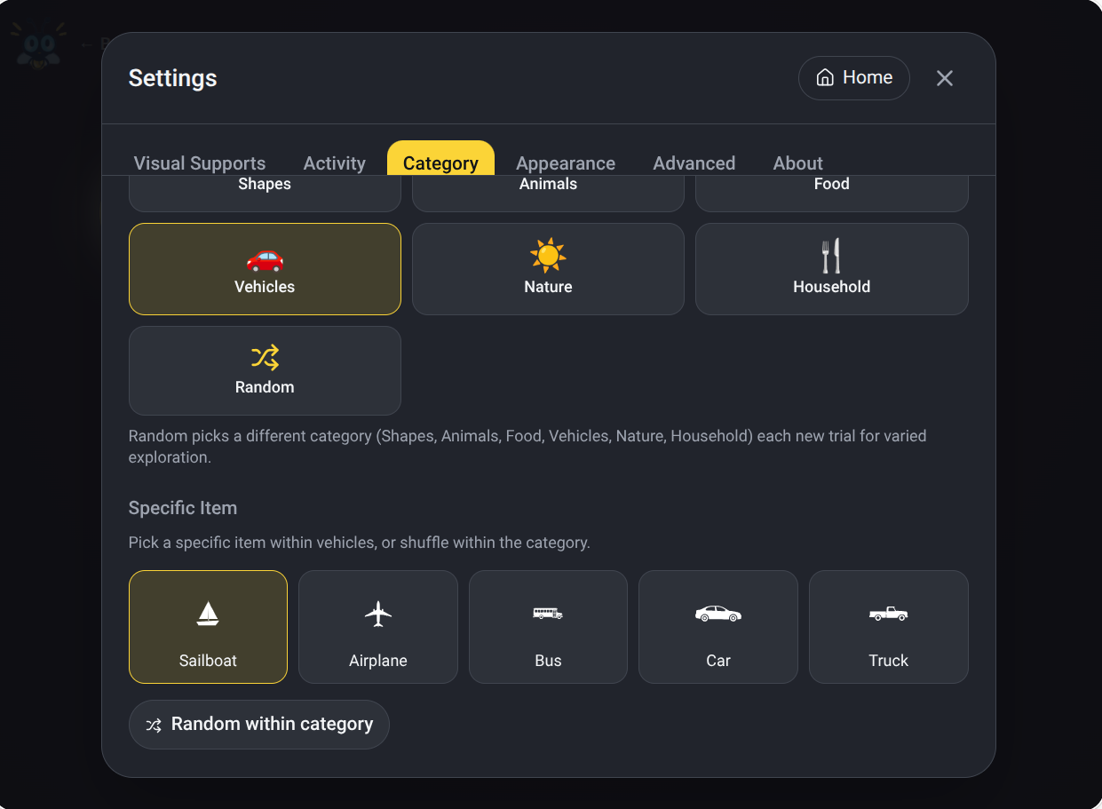 Track It Category settings with Vehicles selected and specific items Sailboat, Airplane, Bus, Car and Truck, plus Nature, Household and Random categories.