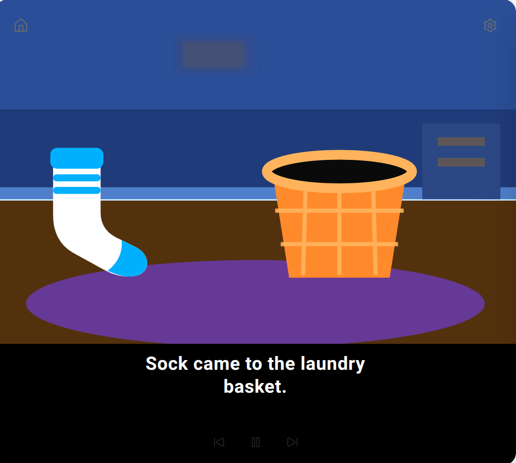 The same story page with a blue wall, brown floor and purple rug behind the sock and laundry basket.