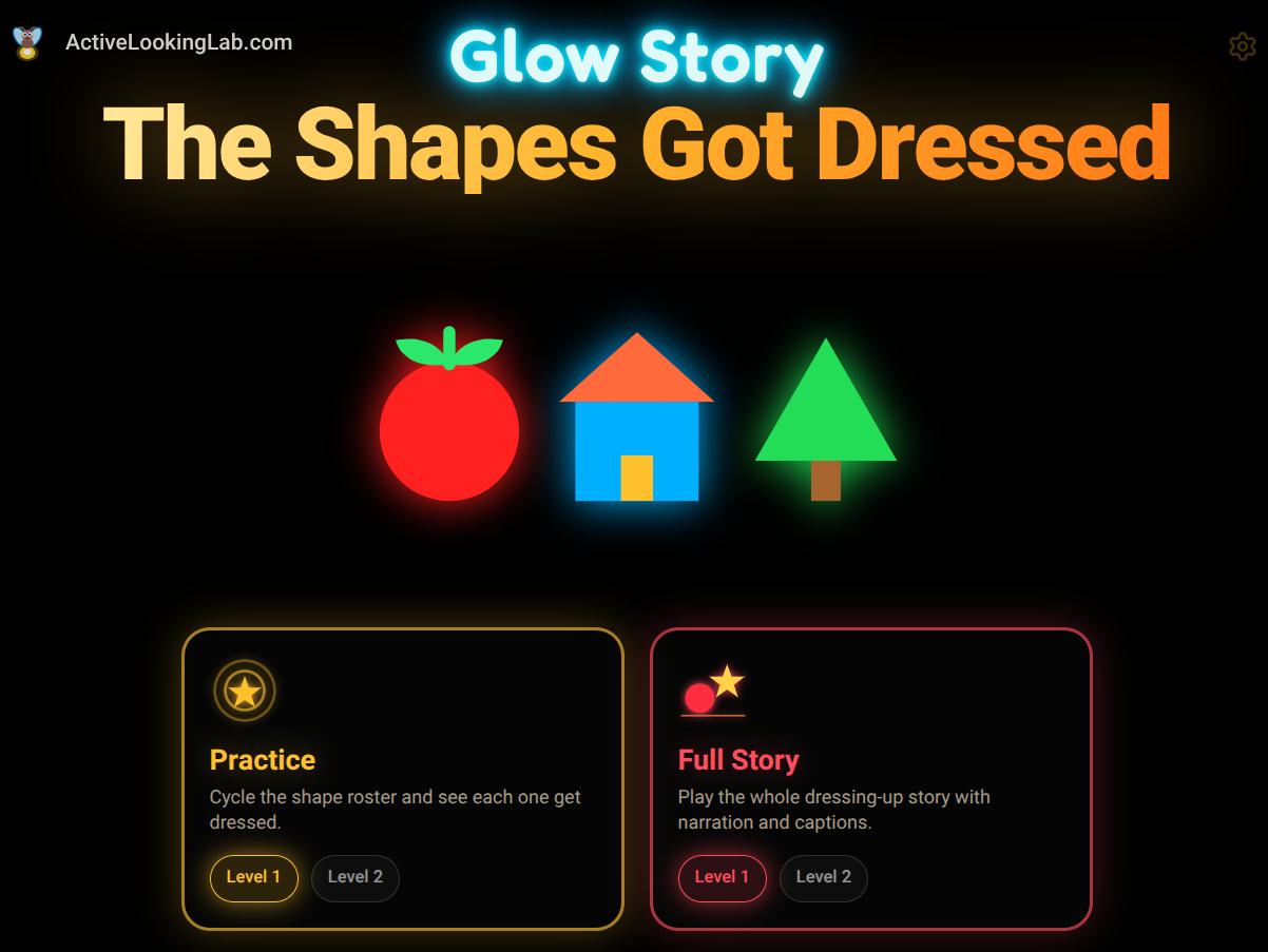Glow Story cover “The Shapes Got Dressed”: a red apple, a house and a green tree glowing on black, with Practice and Full Story buttons.