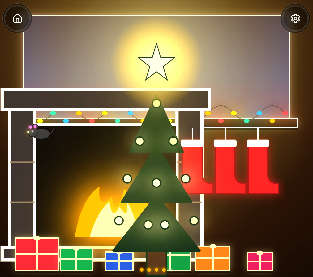 The completed scene with fireplace, stockings, presents, holiday lights, and a little mouse.
