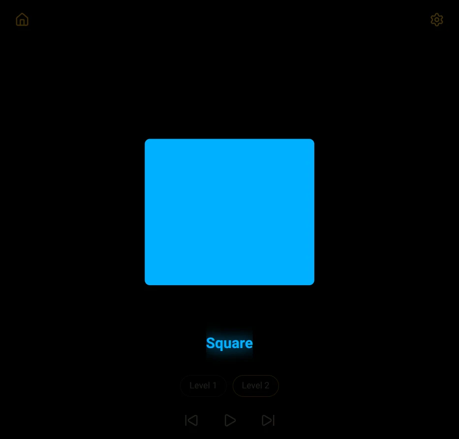 Practice screen showing a bright blue square on black, labeled Square, with Level 1 and Level 2 choices and play controls.