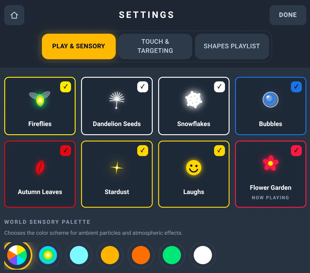 Teacher settings, Play & Sensory tab: the eight sensory effect worlds (Fireflies, Dandelion Seeds, Snowflakes, Bubbles, Autumn Leaves, Stardust, Laughs, Flower Garden) and the world color palette.