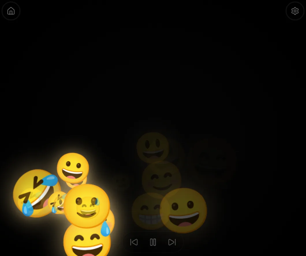 Glowing yellow laughing faces on a black Spark Worlds screen.