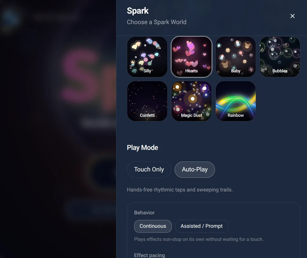 Spark Worlds settings: choose a world, then Play Mode (Touch Only or Auto-Play) and behavior.